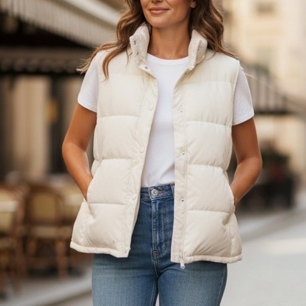 GAP Womens XL Off White Cream Puffer Vest Quilted Snap Button Fleece Collar